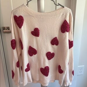 LOFT Cream Sweater with Pink Heart Accents